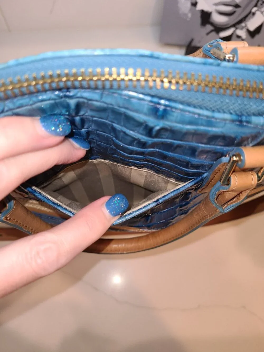 Brahmin Large Duxbury Shoulder Bag in Surf Vineyard Blue & Tan Leather EUC